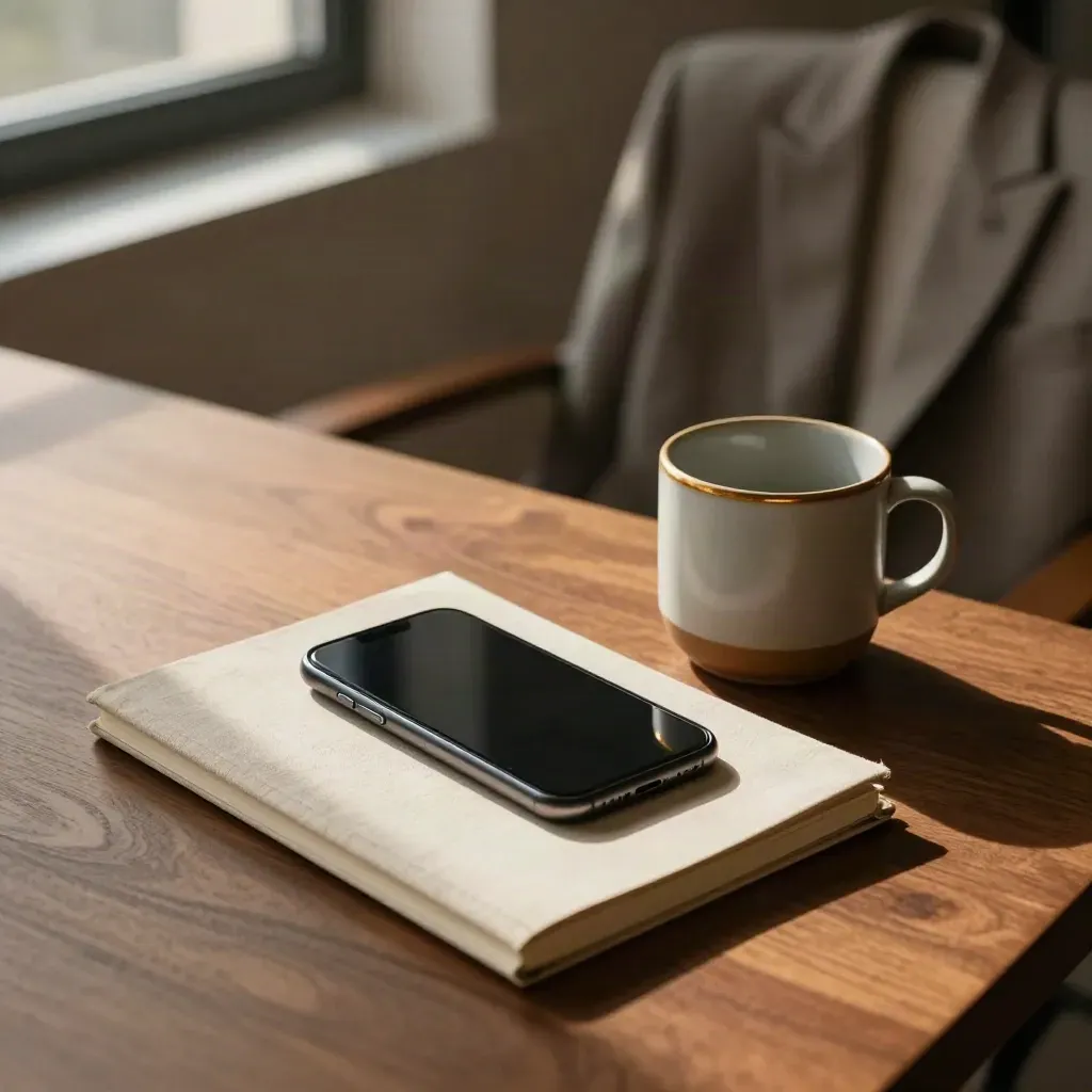 Face-down phone, closed notebook, tumbler and blazer on a late-night desk