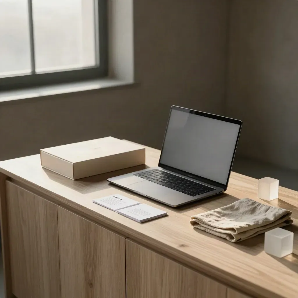 Closed laptop, pitch deck box and launch cards on a misty startup loft surface at dawn.