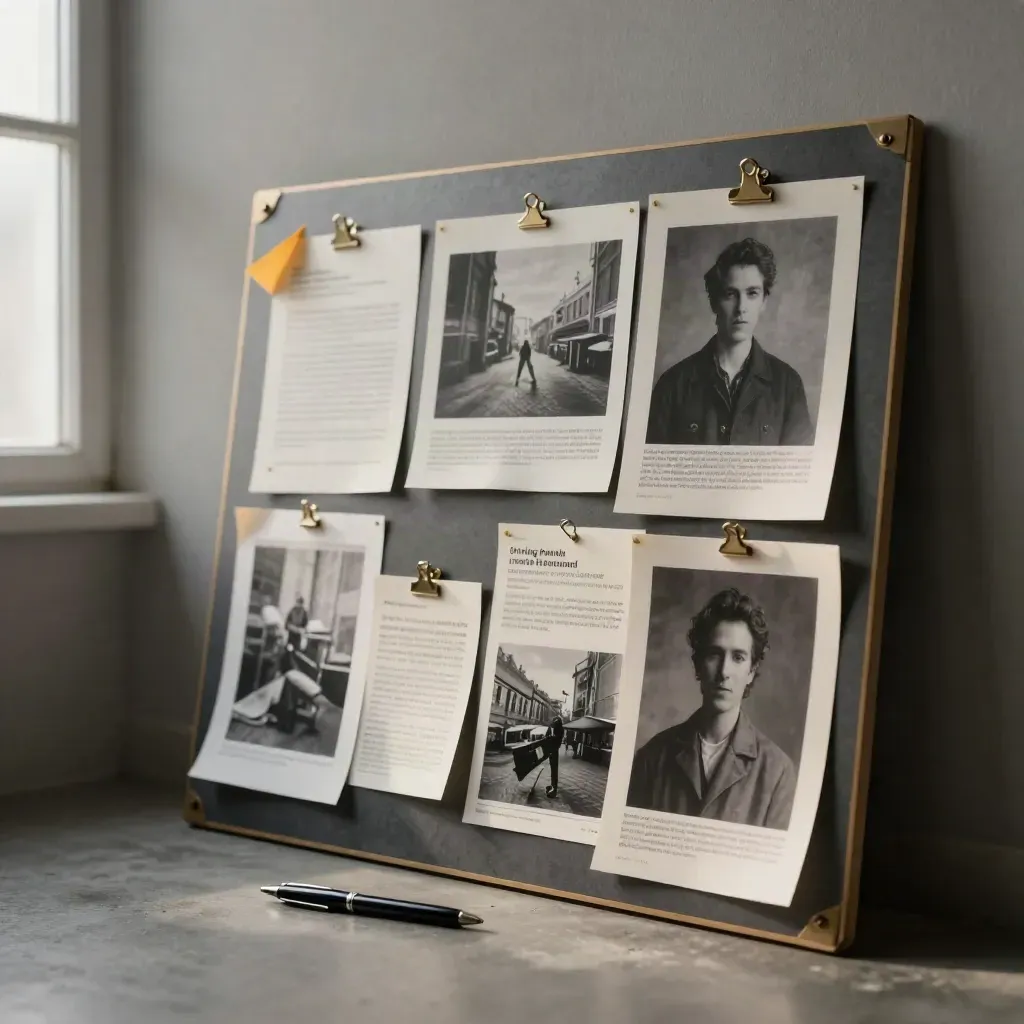 Evidence board with blurred prints, turned quote cards, and a dark pen on a concrete studio floor.