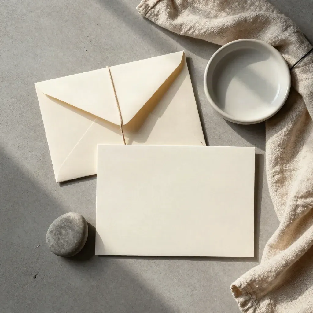 Overhead flatlay of cream envelopes, a notecard, paperweight, and linen on concrete
