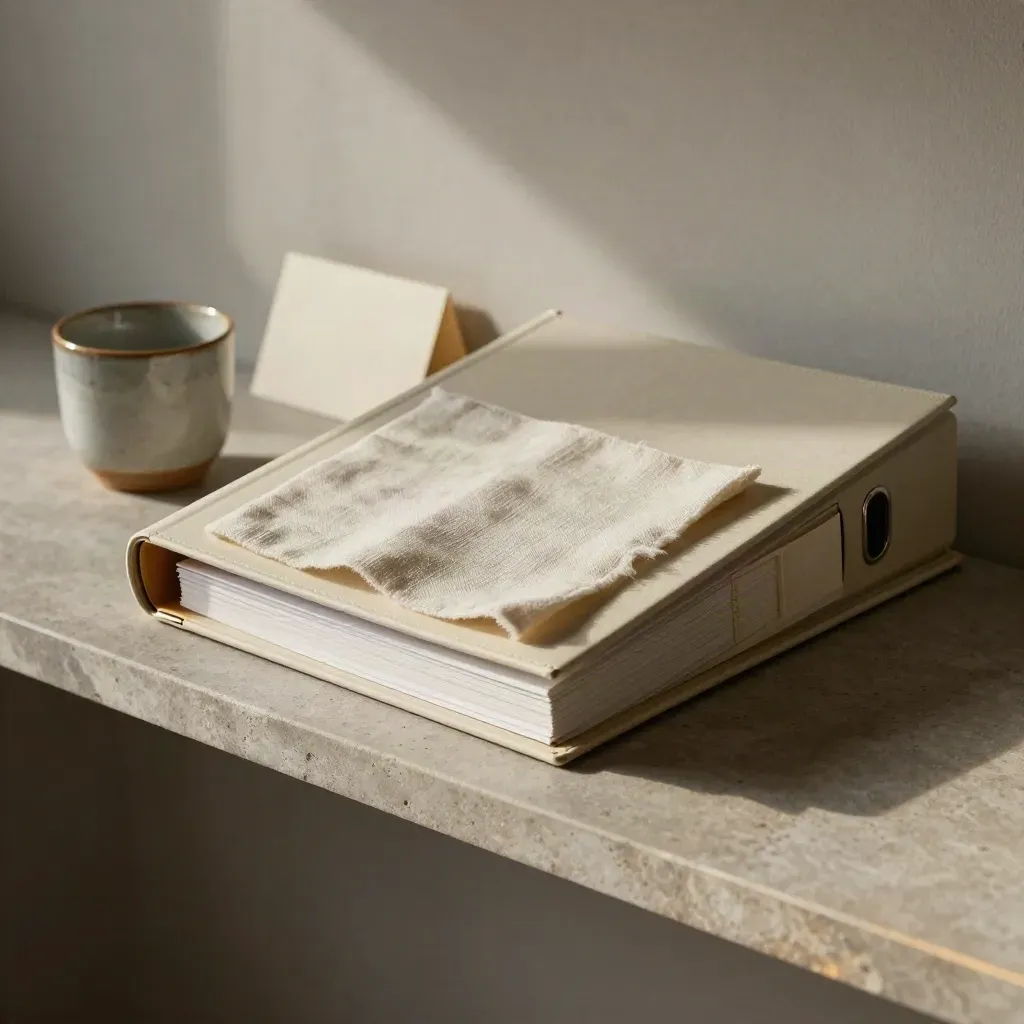 Tabbed binder, linen swatch, and ceramic cup on a stone shelf with warm gold light.